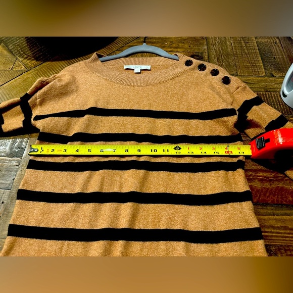 LOFT Camel/Tan and Black Striped Crew Neck Sweater with Button details . - Picture 13 of 13